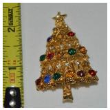 Vtg Goldtone Multicolor Rhinestone Christmas Tree
