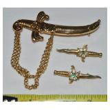 (3) Vintage Goldtone Sword / Dagger Brooch Lot