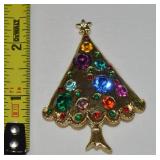 Vtg Goldtone Multicolor Rhinestone Christmas Tree