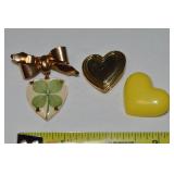 (3) Vintage Heart Motif Brooch Lot w/4 Leaf Clover