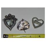 (3) Vintage Silvertone Heart & Leaf Brooch Lot