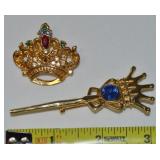 (3) Vtg Goldtone Rhinestone Brooch Lot: Crown &