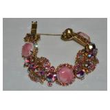 Vtg Goldtone Pink Cabachon & AB Rhinestone