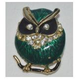 Vtg Taiwan Enamel & Rhinestone Owl Brooch 1.5"