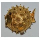 Vintage Sphinx Goldtone Red Eye Puffer Fish Brooch