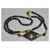 Vintage Goldtone Black & Faux Pearl Cloisonne