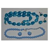 (2) Vtg Blue Beaded Necklaces w/ Matching Earrings