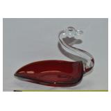 Vtg Duncan Miller Amberina & Clear Glass Swan Dish