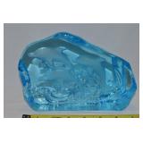 Vtg Blue Glass Deep Etched Dolphins Paperweight