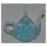 Vtg Joe St Clair Studio Art Glass Blue Teapot 4.75