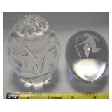 (2) Vtg Etched Art Glass & Crystal Egg Paperweight