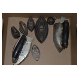 Bankers Box w/ Antique Sad Irons & Bells