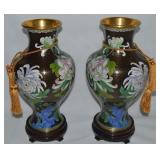 Pair Vtg Chinese Cloisonne on Brass Chrysanthemum