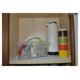 Kitchen Shelf Contents Lot: Tupperware, Carafe+
