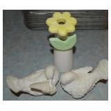 Pair Vtg italian Alabaster Doves +Art Pottery Vase