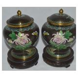 Pair Vtg Chinese Cloisonne & Brass Lidded Urn Jars