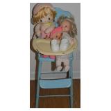 Vtg Tin Litho Bunny Motif Doll High Chair wDolls