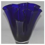 Cobalt to Clear Art Glass Fluted Freeform Vase