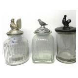 Vtg Glass Storage Jars W/Metal Pewter Rooster Lids