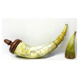 Vintage Powder Horn w/Hand carved Map + Extra Horn