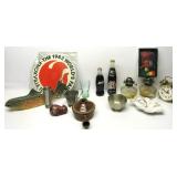 Vtg Items,Oil Lamps,Soda Bottles,Wood Fish,Etc