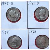 1935S, 1941D, 1959P & 1961P Washington Quarters