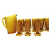 Tiara Amber Glass Pitcher W/Glasses