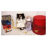 Christmas Decor,Tins,Porceline Dolls,Lights