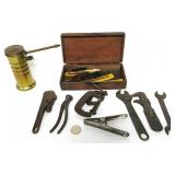 Vintage Oil Can,Vtg Wrenches,C-Clamps,Wood Box