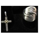Sterling Ring Size 8.5-Cross Charm w/16 Stones: 7g