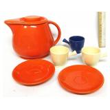 Fiestaware Pitcher Has Chip W/Cups And Saucers