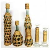 Wicker Wrapped Wine Bottles W/Candle Holders