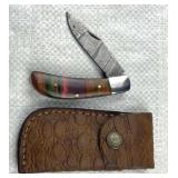 Damascus Steel Folding Blade Knife w/ Sheath