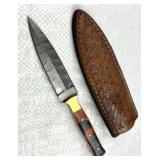 Damascus Steel Stiletto Blade Knife w/ Sheath