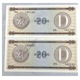 (2) Cuba 20 Pesos Series D, Quality Crisp AU