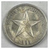 1933 Cuba Silver Star 1 Peso, XF, Large Dollar