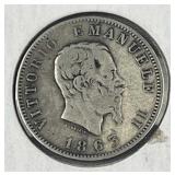 1863-M Silver Italy 1 Lira Coin (BN)