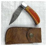 Damascus Steel Folding Blade Knife w/ Sheath