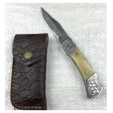 Damascus Steel Folding Blade Knife w/ Sheath