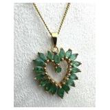 14K Yellow Gold & Emeralds Heart Pendant Nkl.