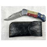 Damascus Steel TX Folding Blade Knife w/ Sheath