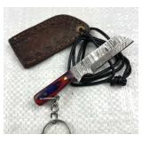 Damascus Steel Mini Tanto Blade Keychain w/ Sheath