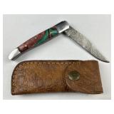 Damascus Steel Folding Blade Knife w/ Sheath