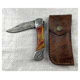 Damascus Steel Folding Blade Knife w/ Sheath