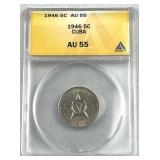 1946 Cuba 5 Centavos Silver ANACS AU55