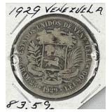 1929 Silver Venezuela Large Bolivar Coin, 90%