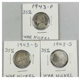 1943-P,D,S Silver War Nickels, WWII Era 35%