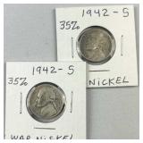 (2) 1942-S Silver War Nickels, WWII Era 35%