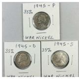 1945-P,D,S Silver War Nickels, WWII Era 35%