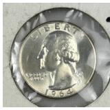 1964-D Silver Washington Quarter, 90%, Uncirc.